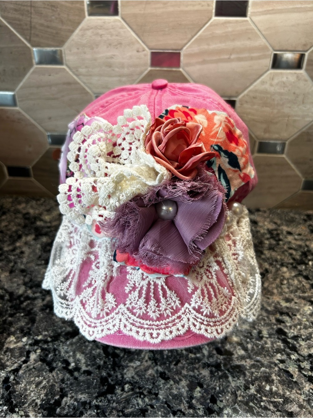 NewHandcrafted Boho Cottagecore Women Pink Lace Floral Baseball Cap OOAK - Picture 2 of 10